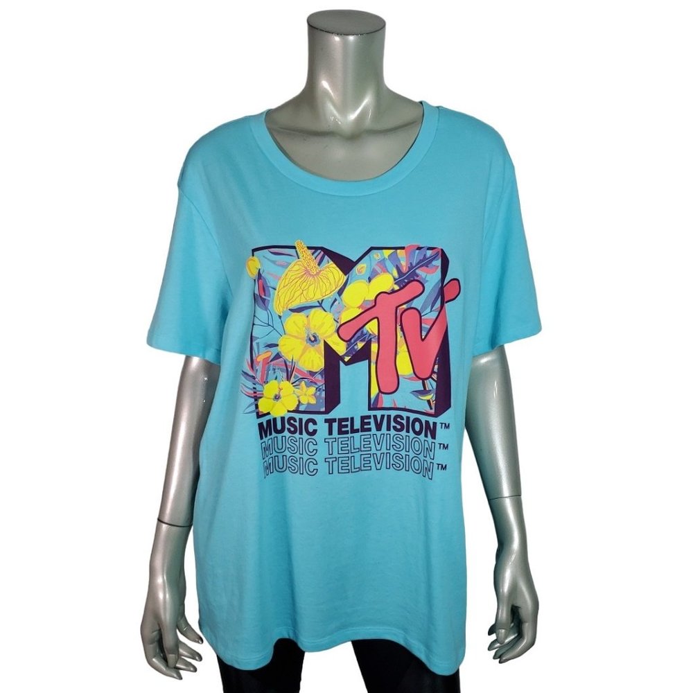 MTV Graphic Tee Plus Sz 1X Stretch Cotton Short Sleeve‎ Casual Pullover Blue NWT